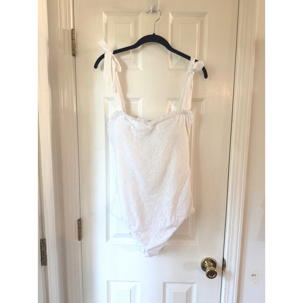 Beach Riot White Floral Eyelet Ruffle Tie Shoulder One Piece Swimsuit Large